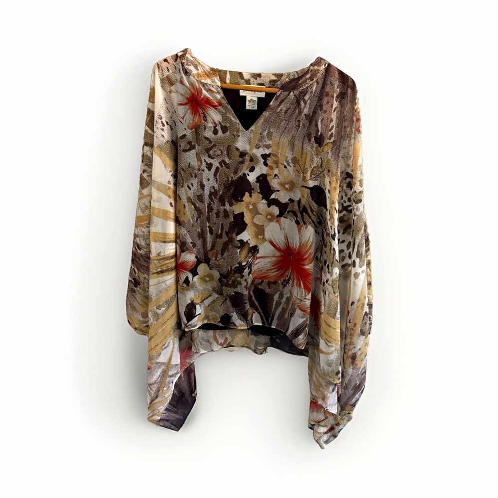 peck&peck Women's Sheer Chiffon V-Neck Floral Animal Blouse Pullover L Flowy